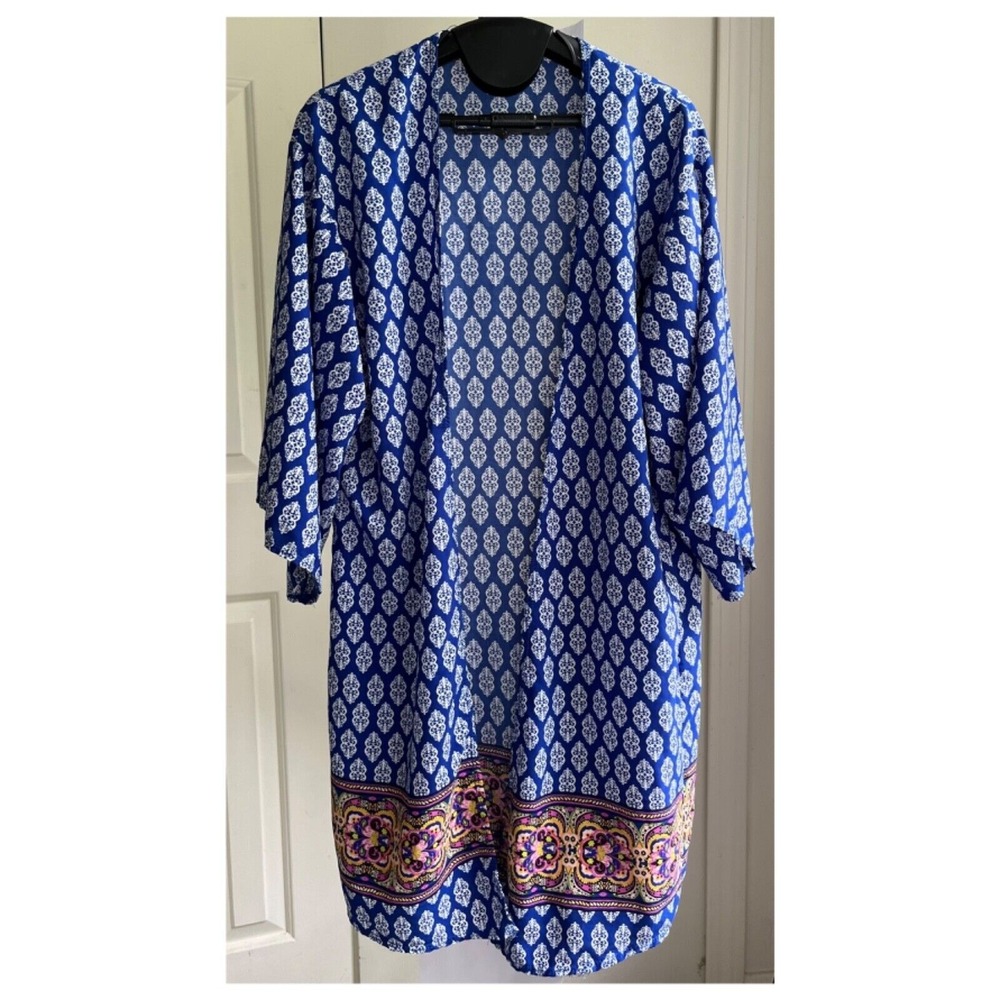 Swim Cover Up Sz M Open Tunic Kimono Boho Chic Blue Paisley